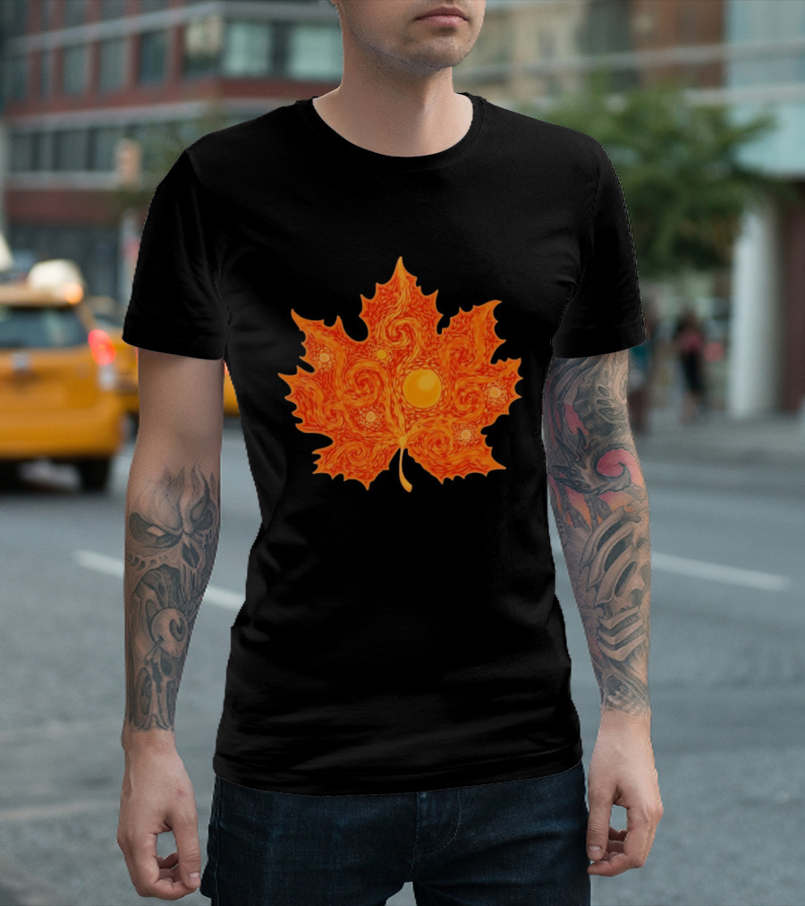 Starry Night Orange Maple Leaf Autumn Swirl T-Shirt