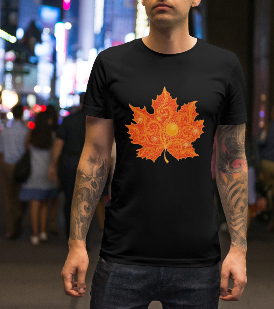 Starry Night Orange Maple Leaf Autumn Swirl T-Shirt