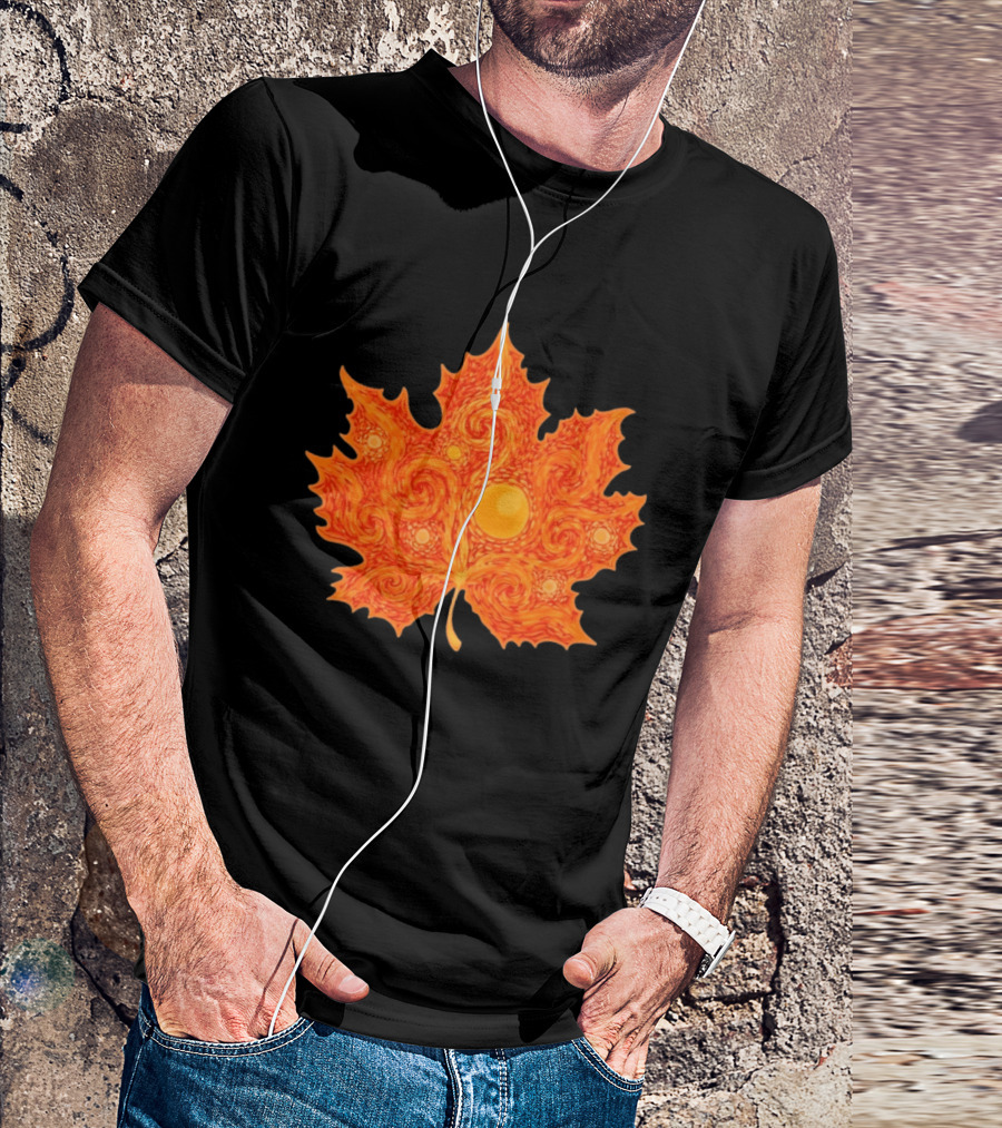 Starry Night Orange Maple Leaf Autumn Swirl T-Shirt