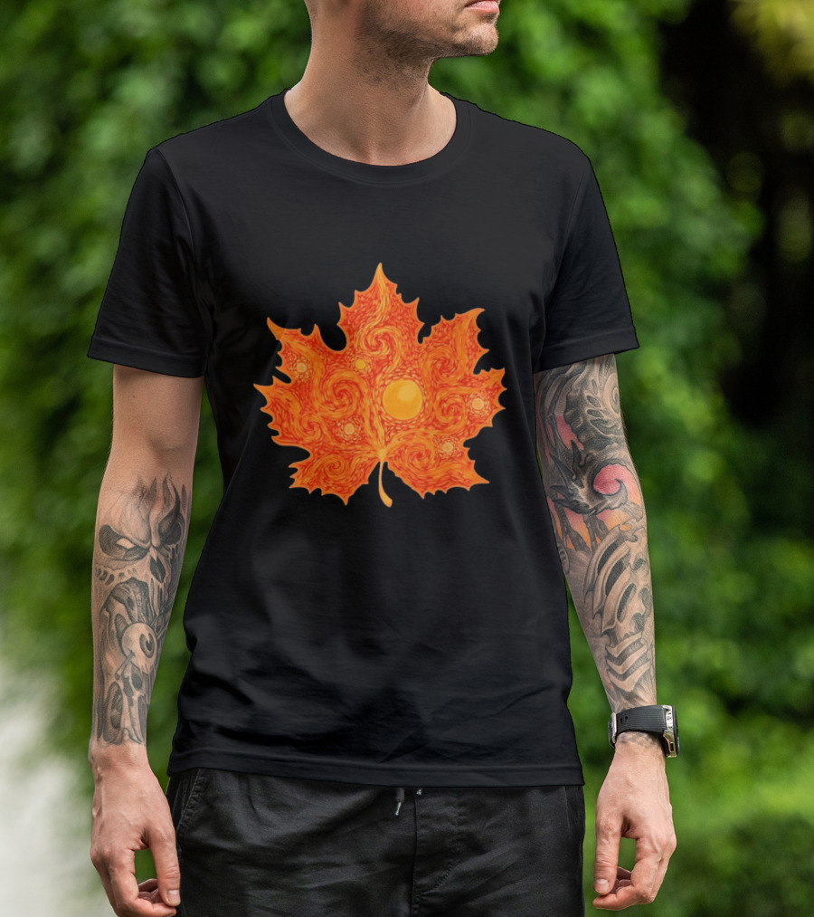 Starry Night Orange Maple Leaf Autumn Swirl T-Shirt