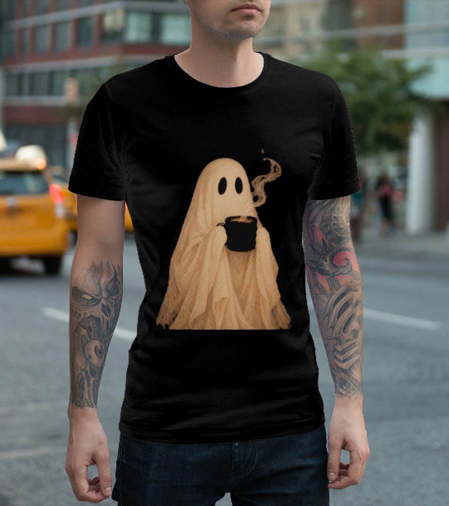 Ghost Spooky Coffee Bar Halloween Cozy Ghost Holding Coffee Steam T-Shirt