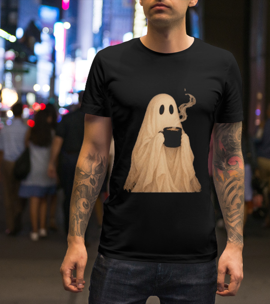 Ghost Spooky Coffee Bar Halloween Cozy Ghost Holding Coffee Steam T-Shirt