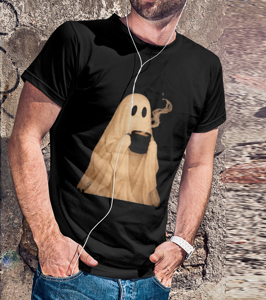Ghost Spooky Coffee Bar Halloween Cozy Ghost Holding Coffee Steam T-Shirt