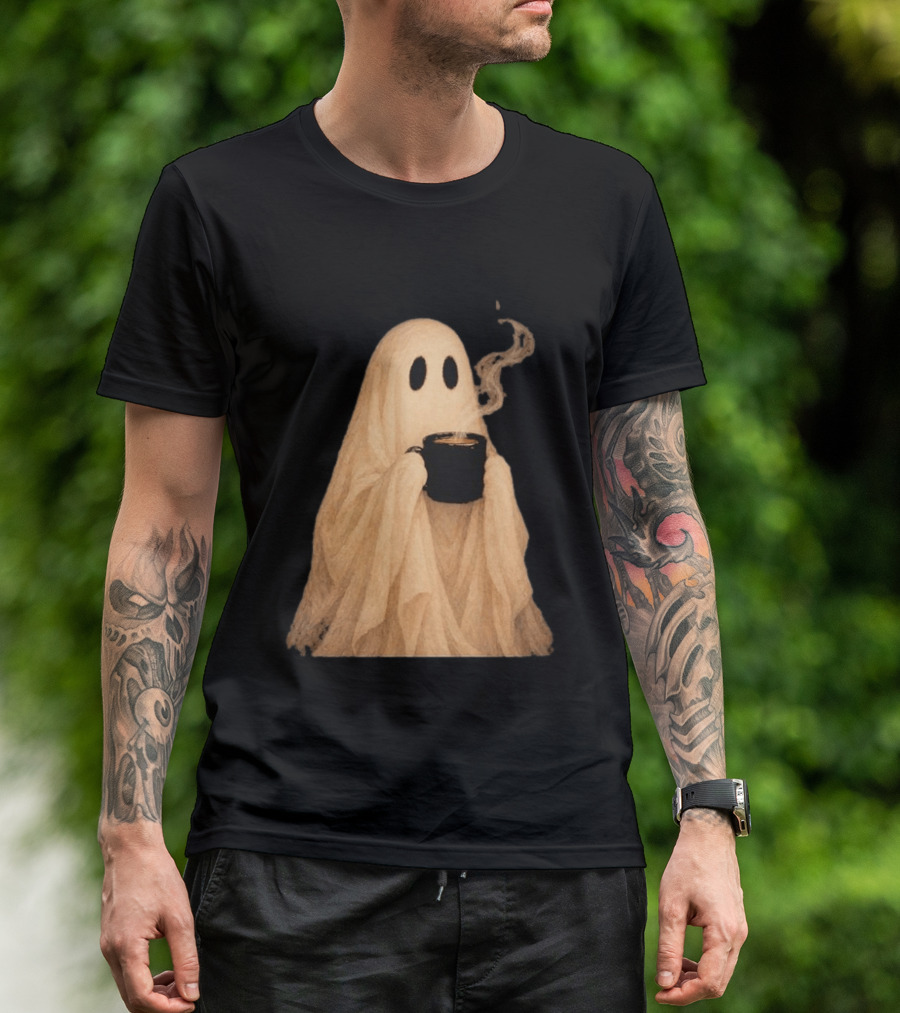 Ghost Spooky Coffee Bar Halloween Cozy Ghost Holding Coffee Steam T-Shirt