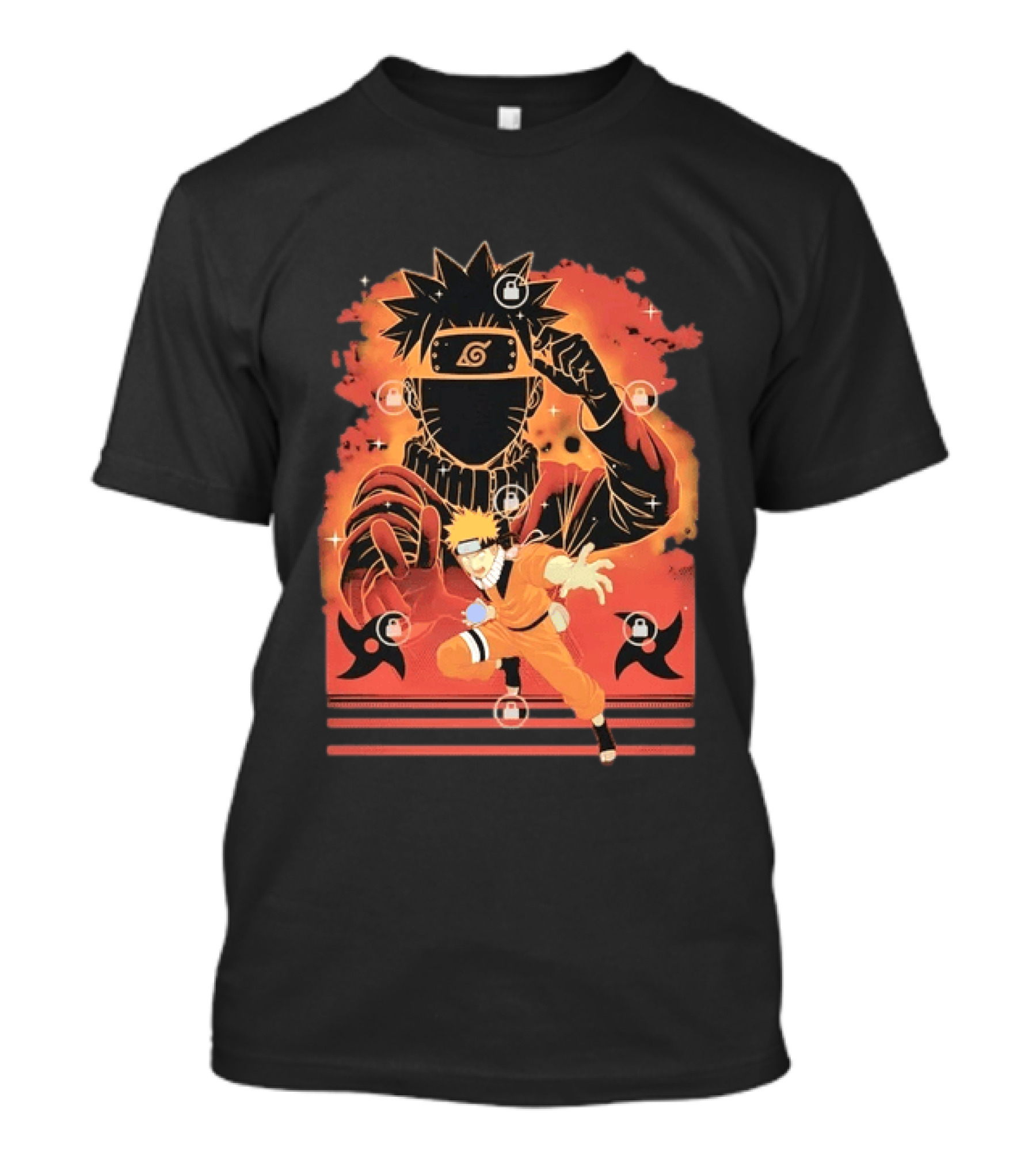 Naruto Uzumaki Ninja Action Anime Manga Shadow Clone Jutsu Shuriken Flames T-Shirt