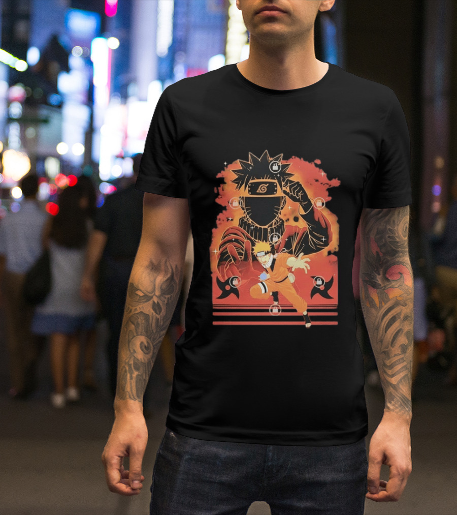 Naruto Uzumaki Ninja Action Anime Manga Shadow Clone Jutsu Shuriken Flames T-Shirt