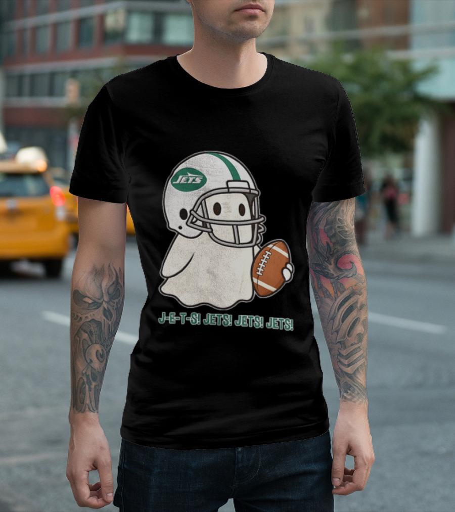J E S Jets Jets Jets New York Jets Football Helmet Ghost Holding Football T-Shirt