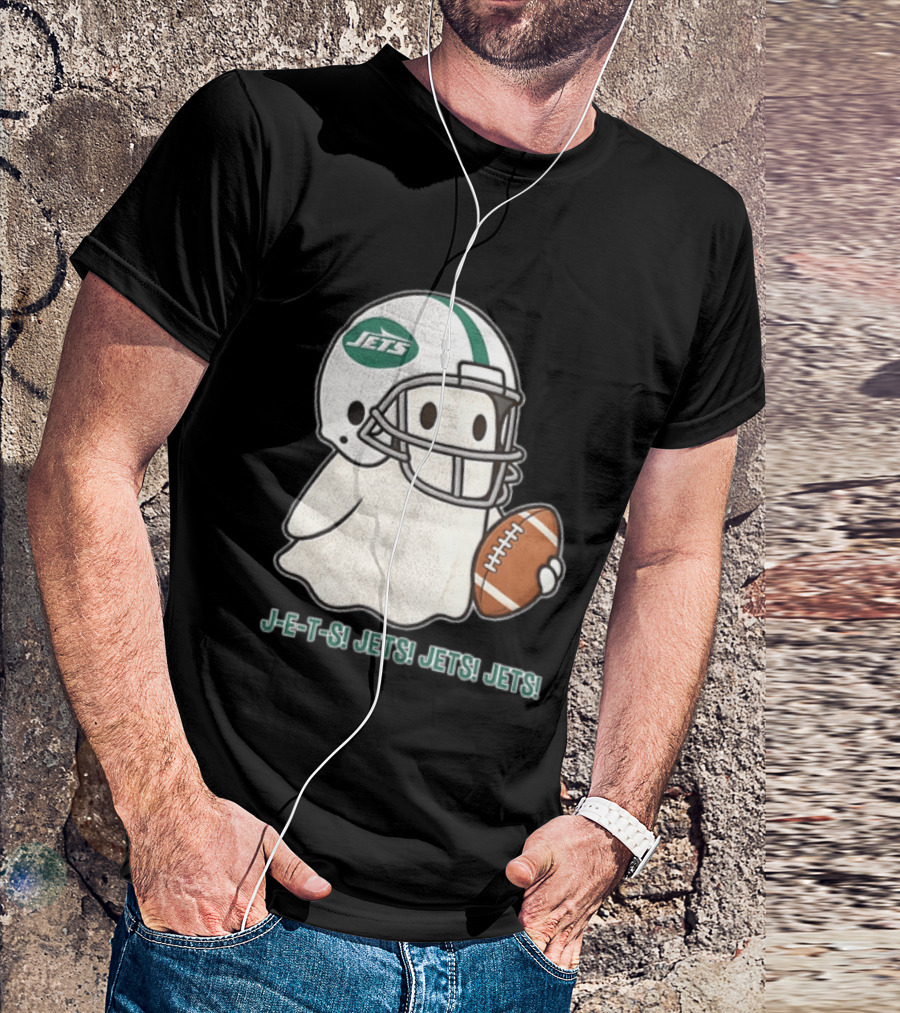 J E S Jets Jets Jets New York Jets Football Helmet Ghost Holding Football T-Shirt