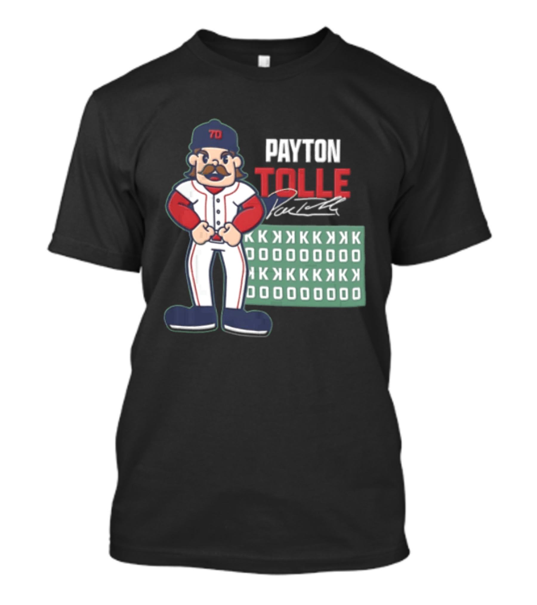 Payton Tolle Cartoon Baseball Player Mustache Cap K Strikeouts T-Shirt