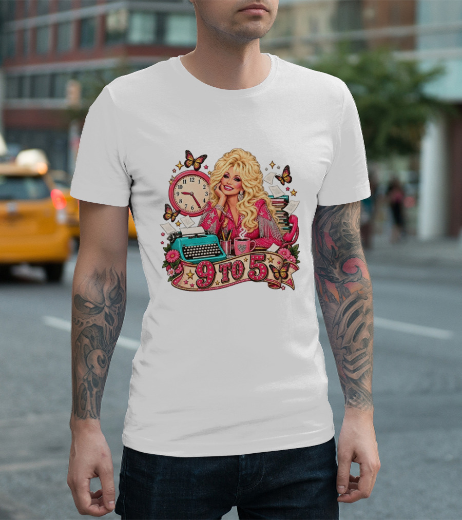 9 To 5 Dolly Parton Music Western Cowgirl Icon With Butterflies And Typewriter T-Shirt