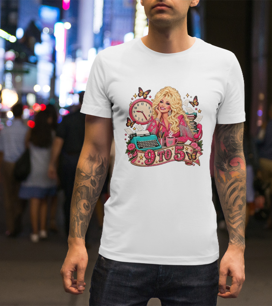 9 To 5 Dolly Parton Music Western Cowgirl Icon With Butterflies And Typewriter T-Shirt