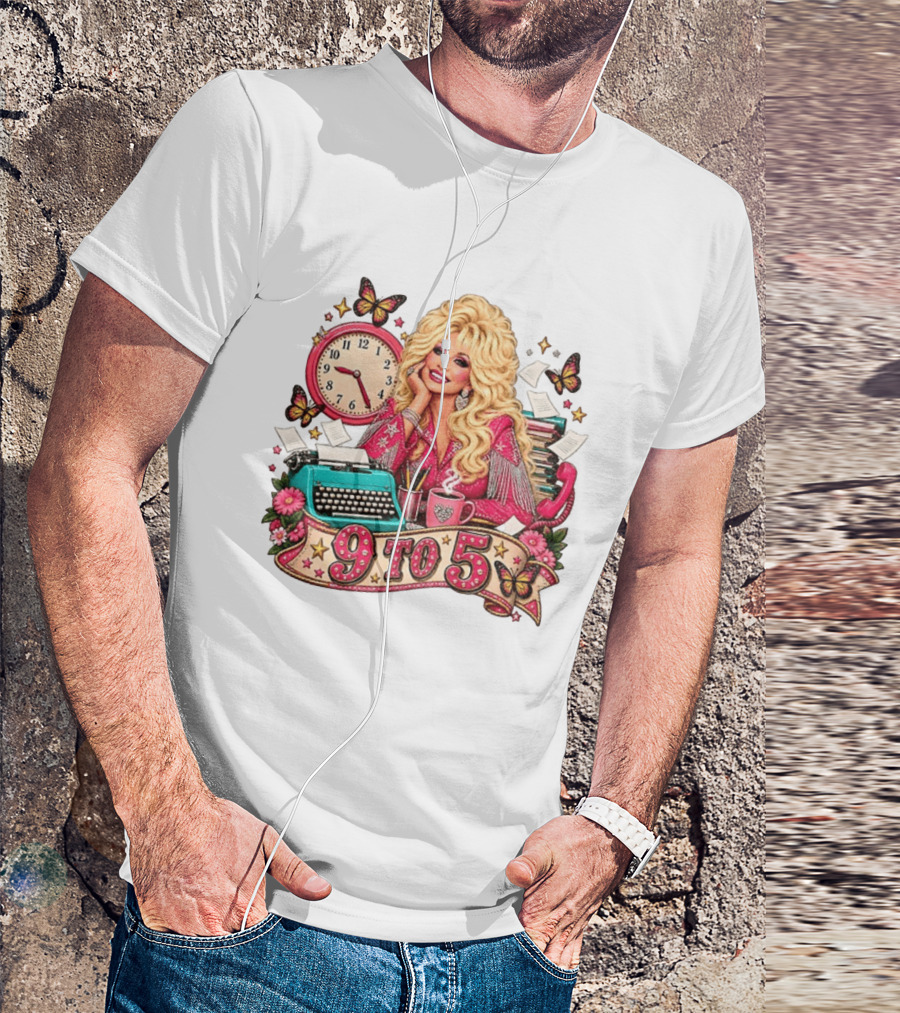 9 To 5 Dolly Parton Music Western Cowgirl Icon With Butterflies And Typewriter T-Shirt