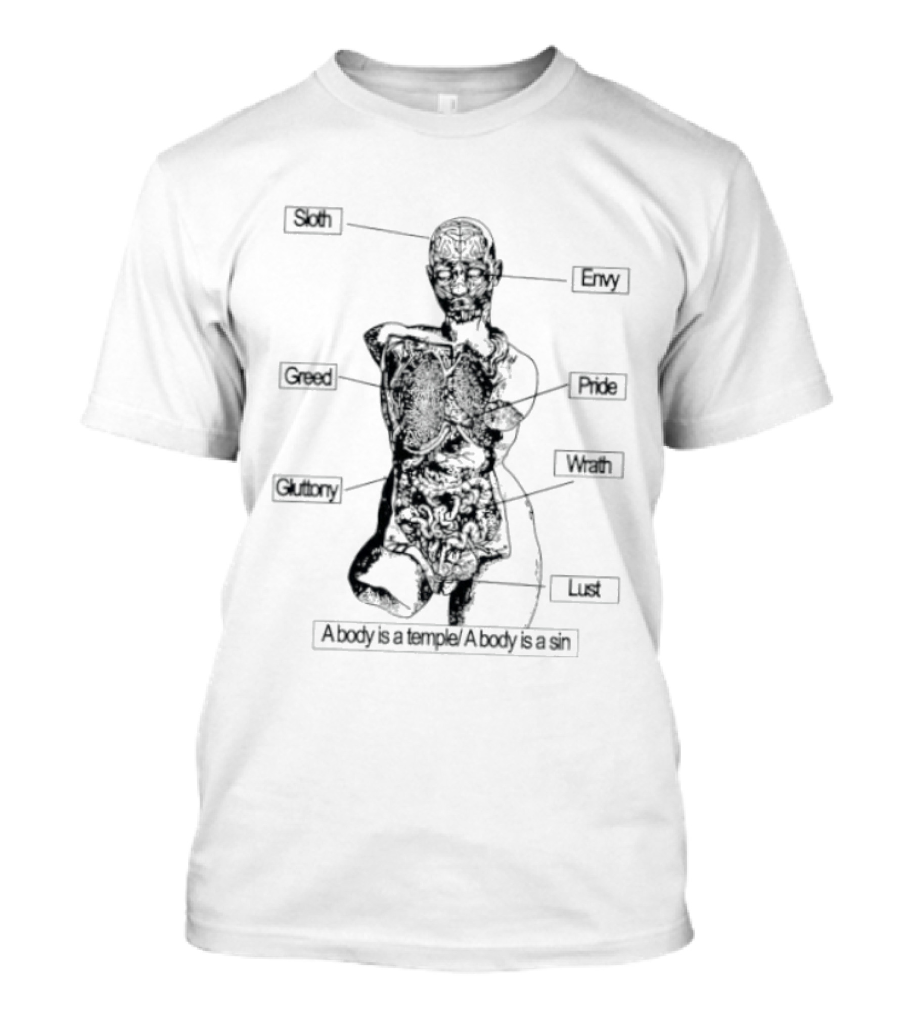 Seven Deadly Sins Anatomy Greed Envy Pride Wrath Lust Gluttony Sloth A Body Is A Temple A Body Is A Sin T-Shirt