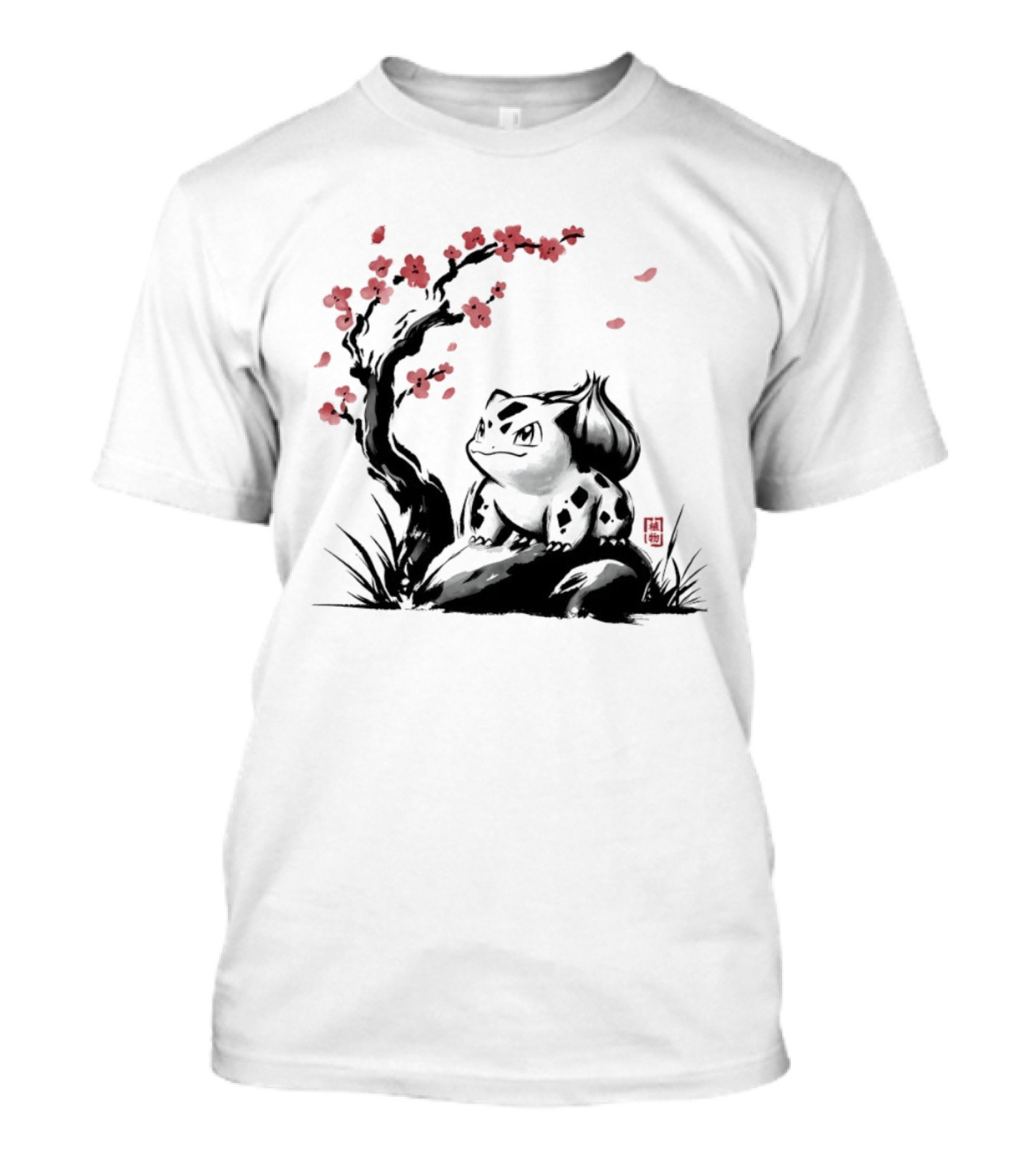 Bulbasaur Sumi E Ink Wash Painting With Cherry Blossom Pokemon T-Shirt
