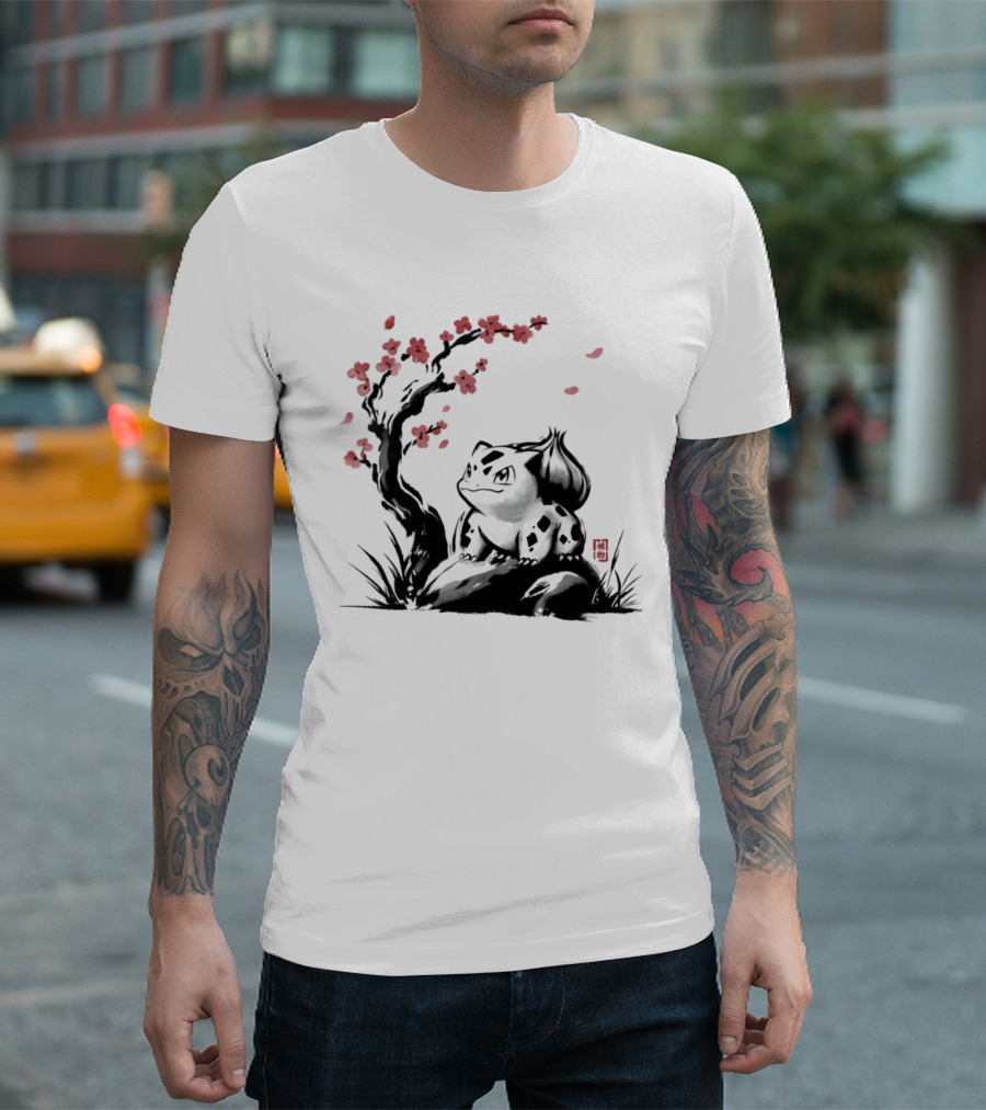 Bulbasaur Sumi E Ink Wash Painting With Cherry Blossom Pokemon T-Shirt