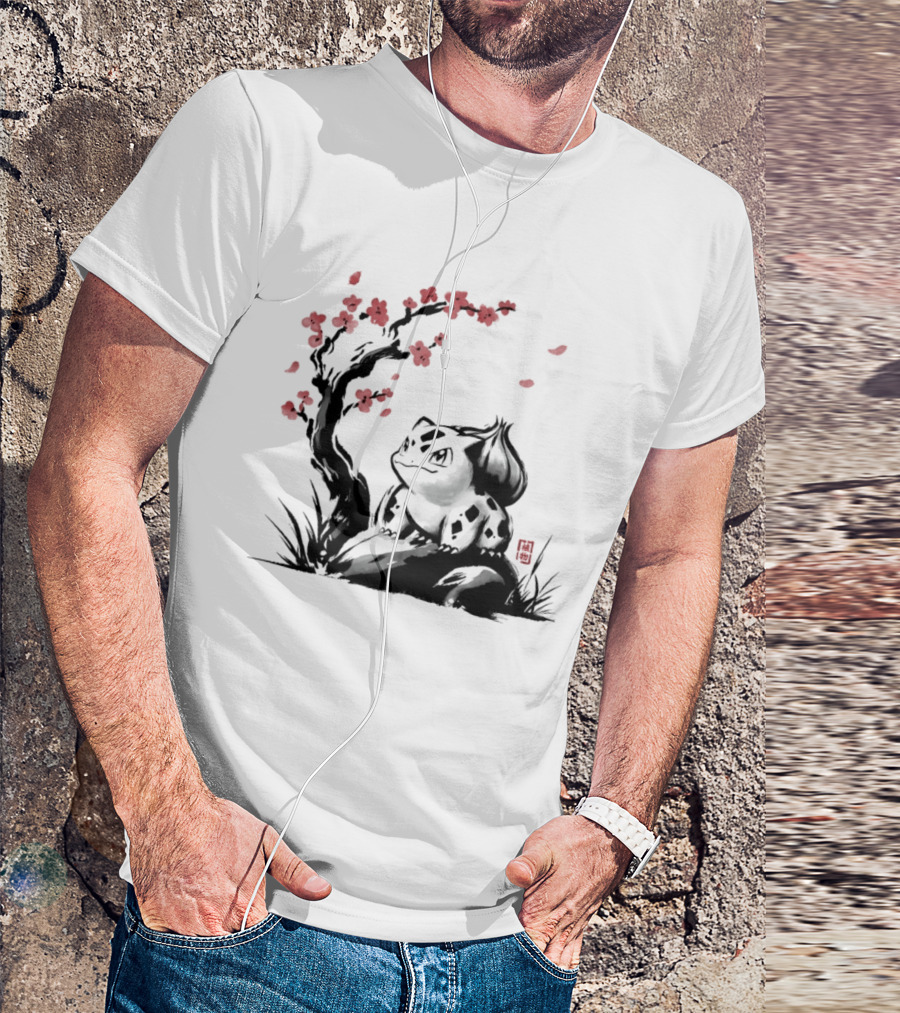 Bulbasaur Sumi E Ink Wash Painting With Cherry Blossom Pokemon T-Shirt