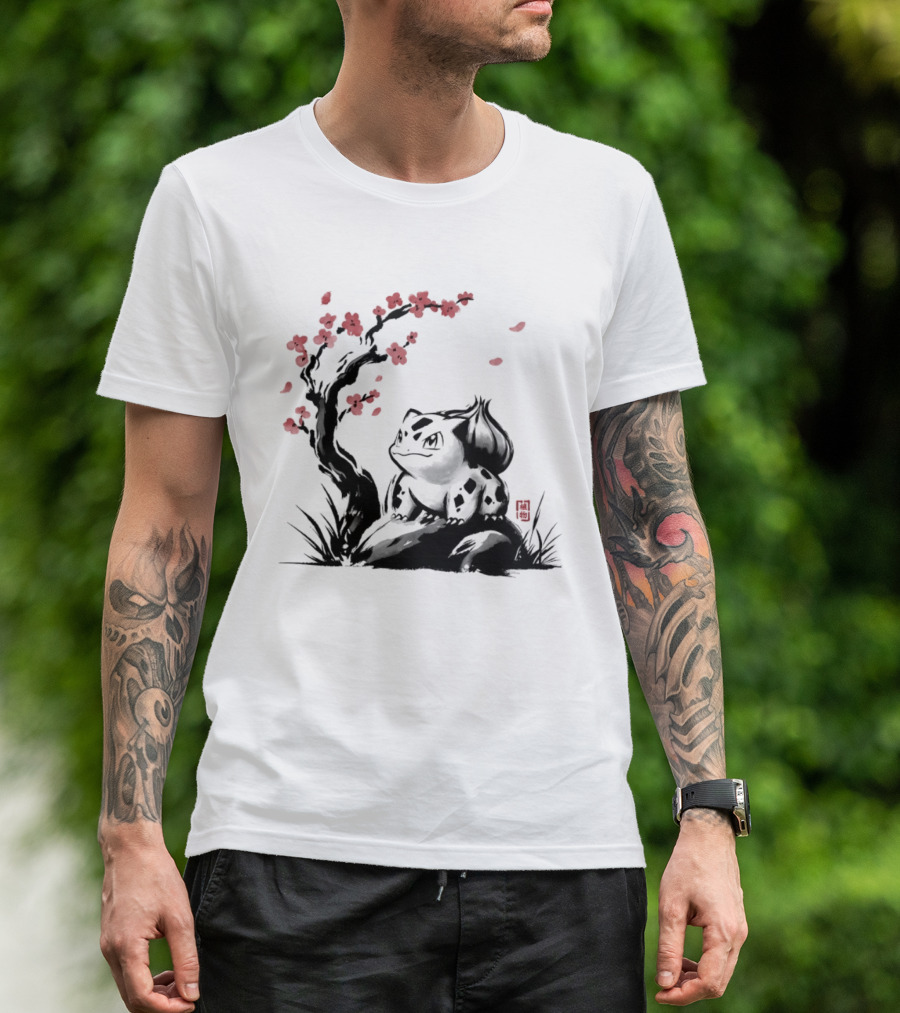 Bulbasaur Sumi E Ink Wash Painting With Cherry Blossom Pokemon T-Shirt