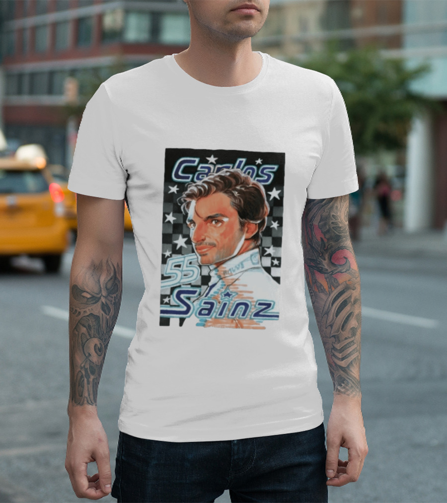 Carlos Sainz No 55 Formula 1 Racing Star Checkerboard T-Shirt