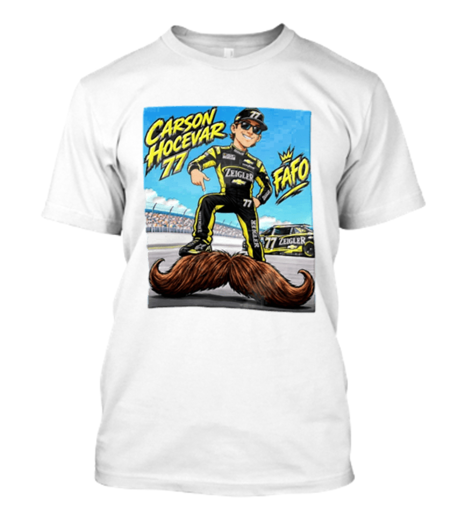 Carson Hocevar FAFO 77 Zeigler NASCAR Caricature Pointing At Mustache T-Shirt