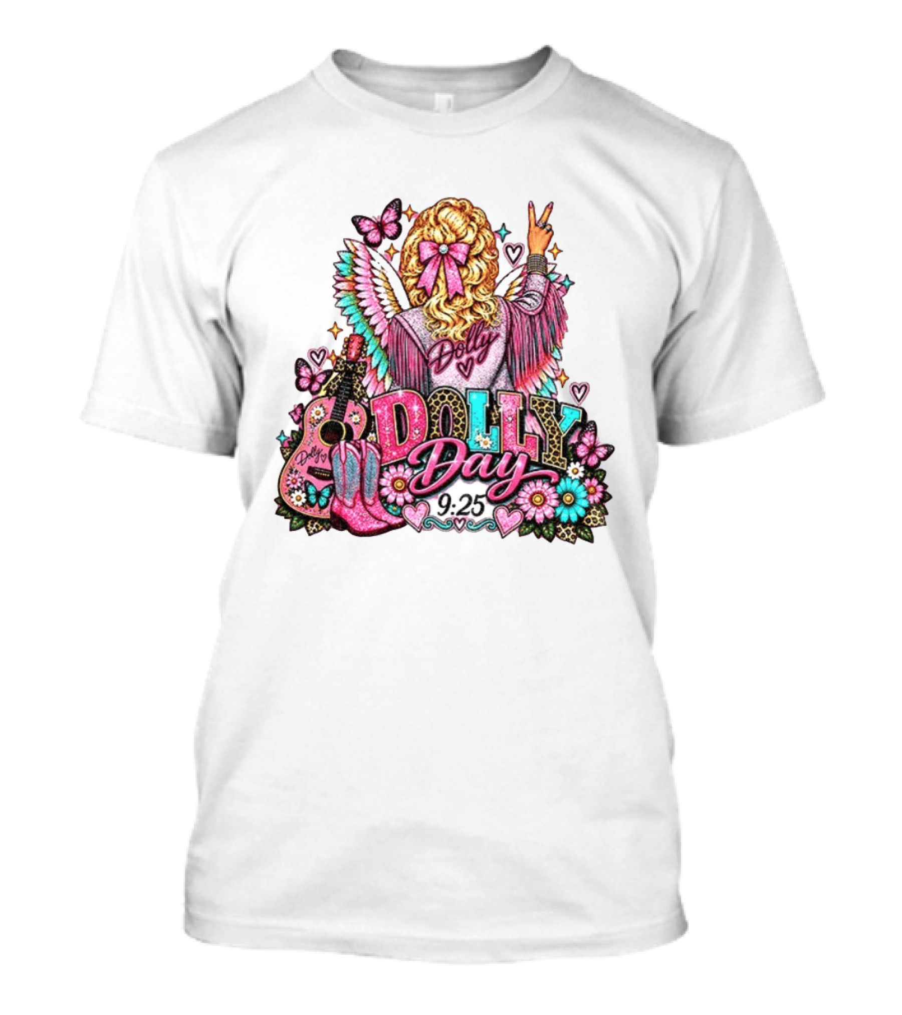Dolly Day 9.25 Pink Cowgirl Boots Guitar Western Butterflies Hearts T-Shirt