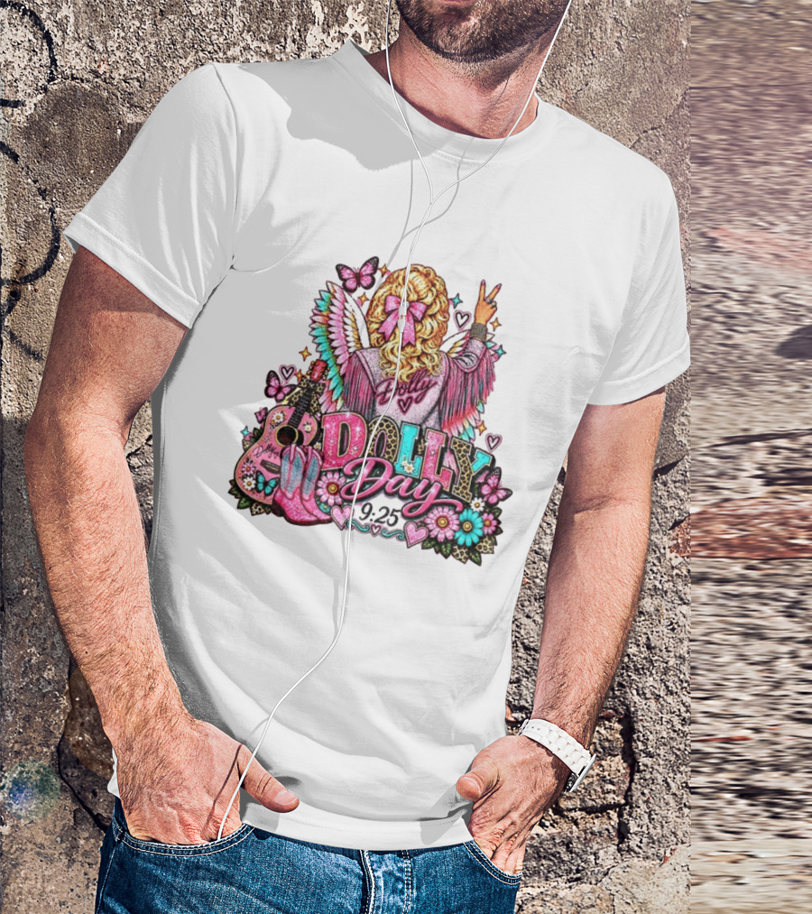 Dolly Day 9.25 Pink Cowgirl Boots Guitar Western Butterflies Hearts T-Shirt