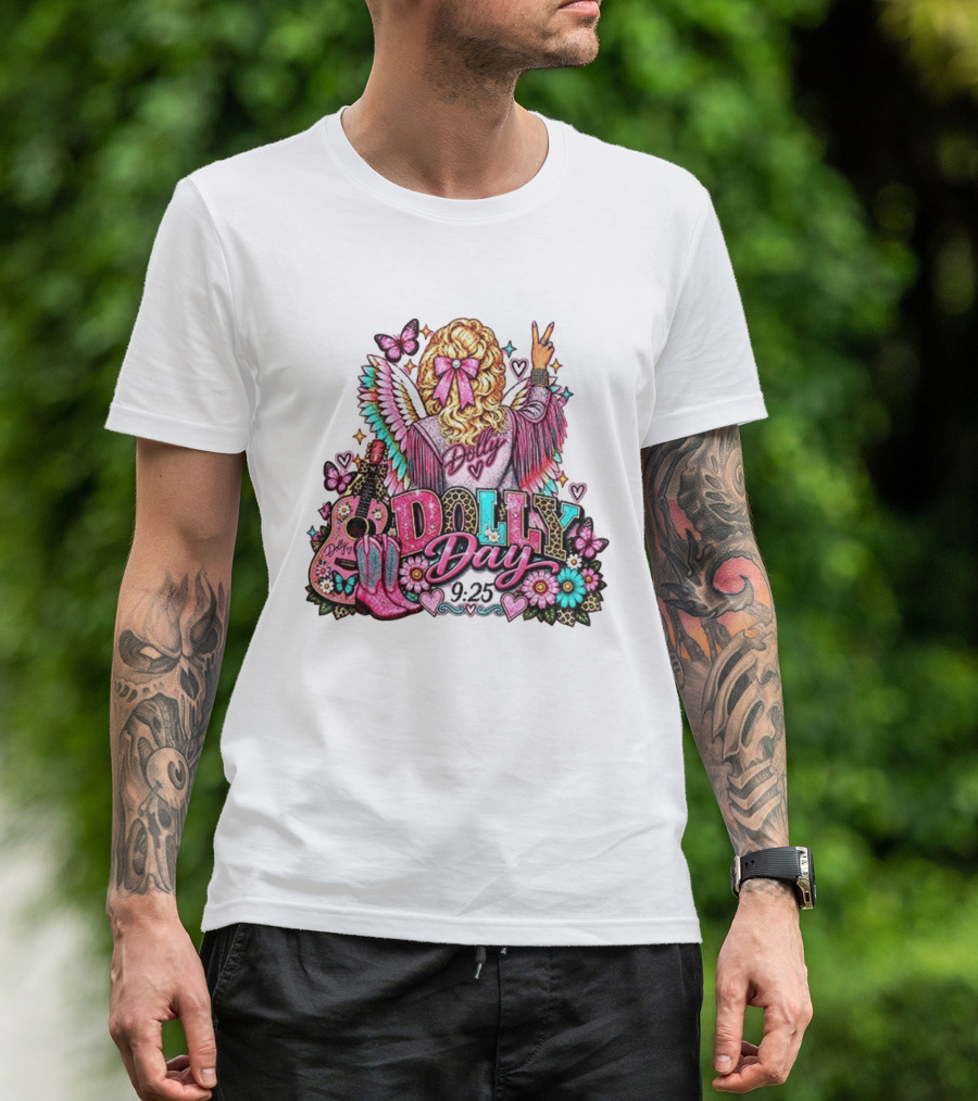 Dolly Day 9.25 Pink Cowgirl Boots Guitar Western Butterflies Hearts T-Shirt