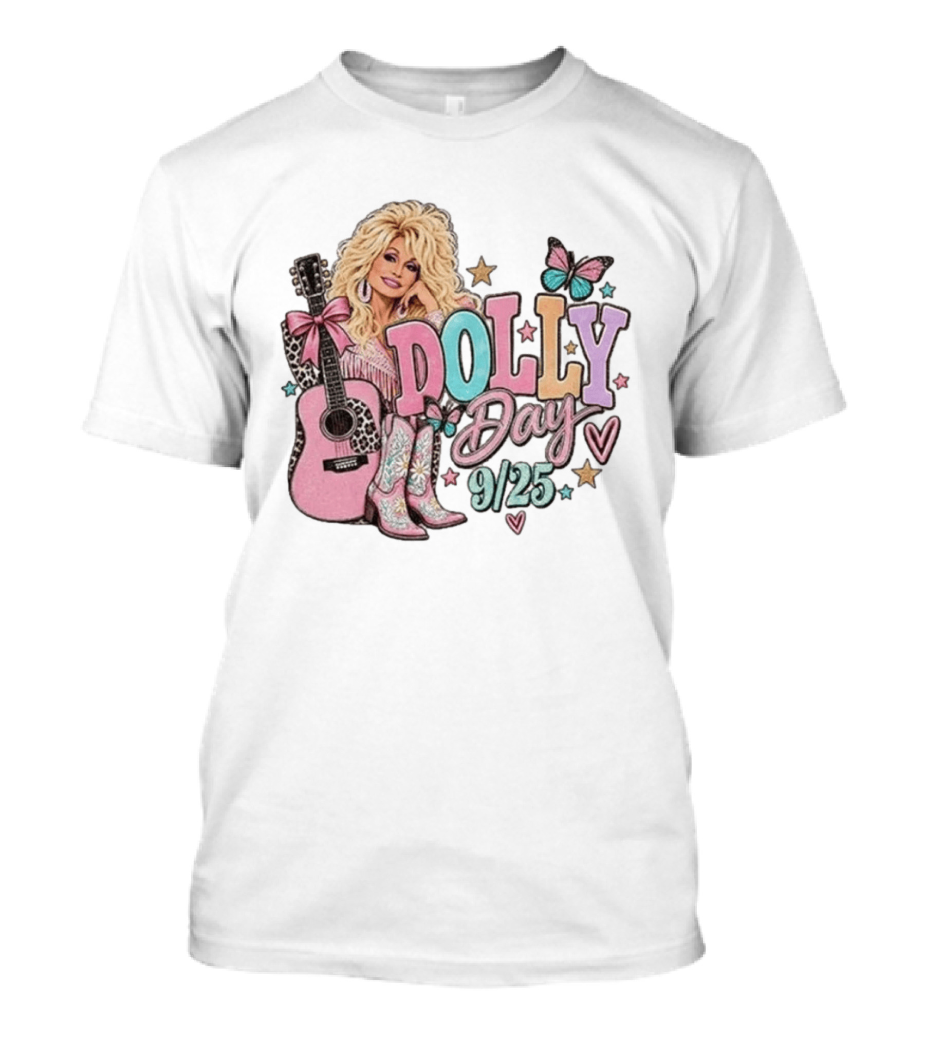 Dolly Day 9/25 Pink Butterfly Guitar Boots Stars T-Shirt