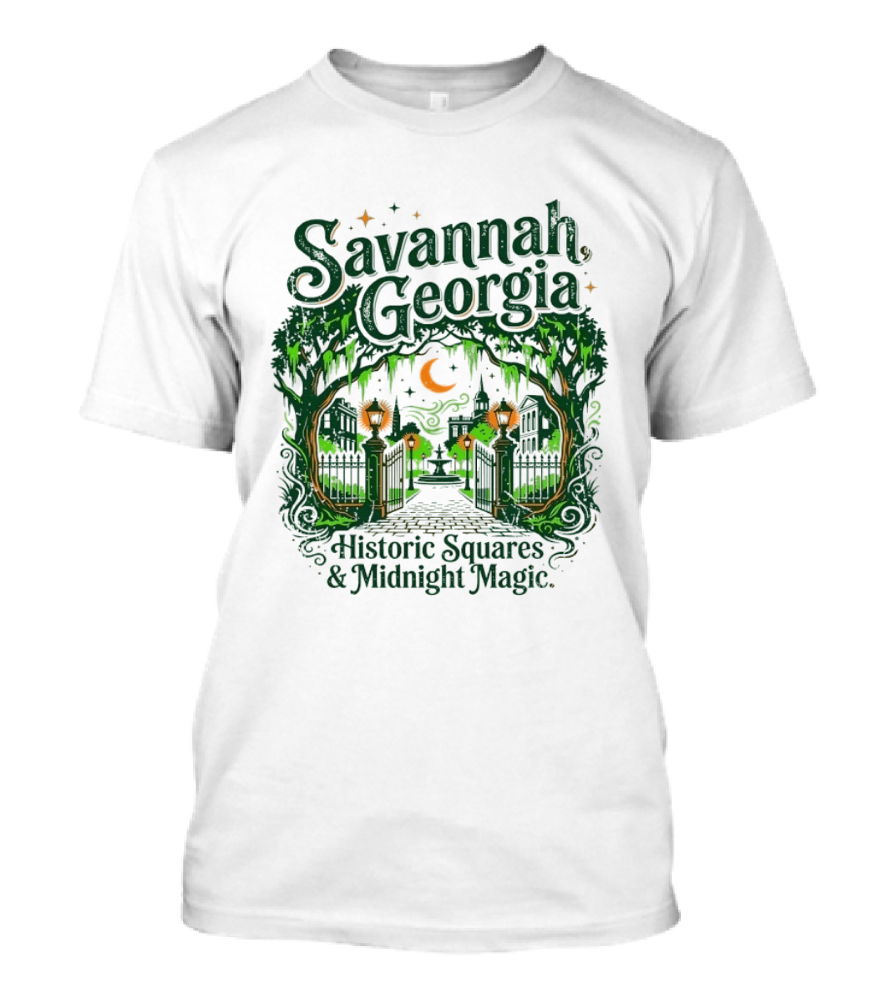 Savannah Georgia Historic Squares Midnight Magic Crescent Moon And Lanterns T-Shirt
