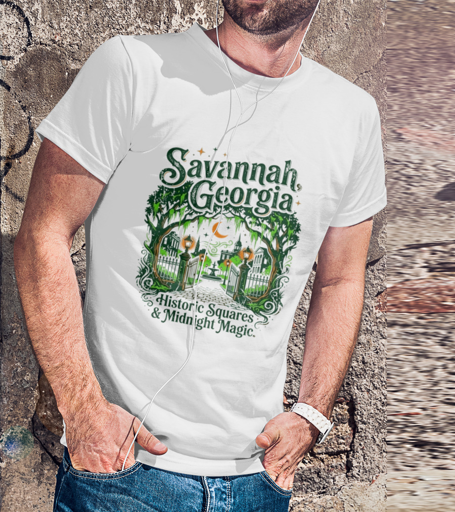 Savannah Georgia Historic Squares Midnight Magic Crescent Moon And Lanterns T-Shirt