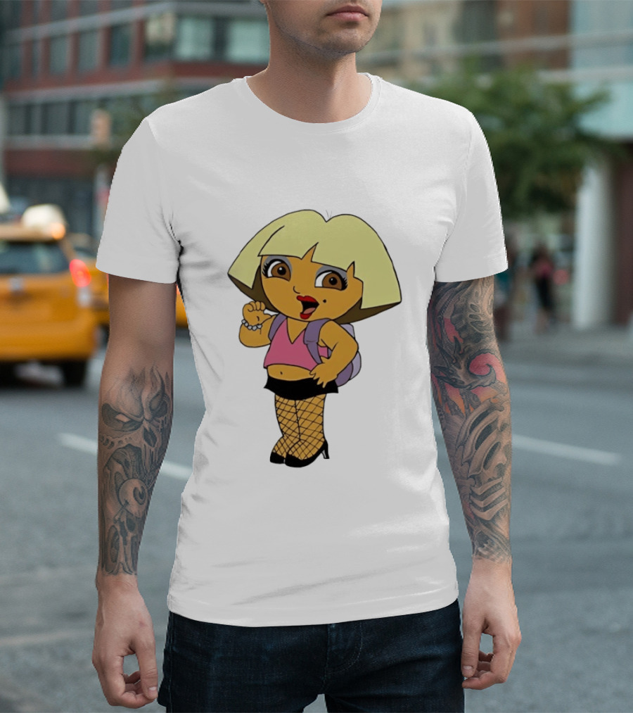 Explorer Parody Cartoon Mashup Pop Culture Icon With Backpack And Fishnets T-Shirt