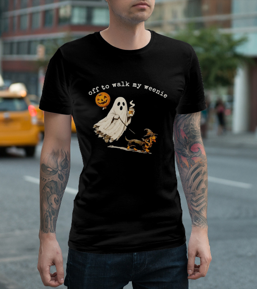 Ghost Walking With Pumpkin Balloon And Dachshund Halloween Fun T-Shirt