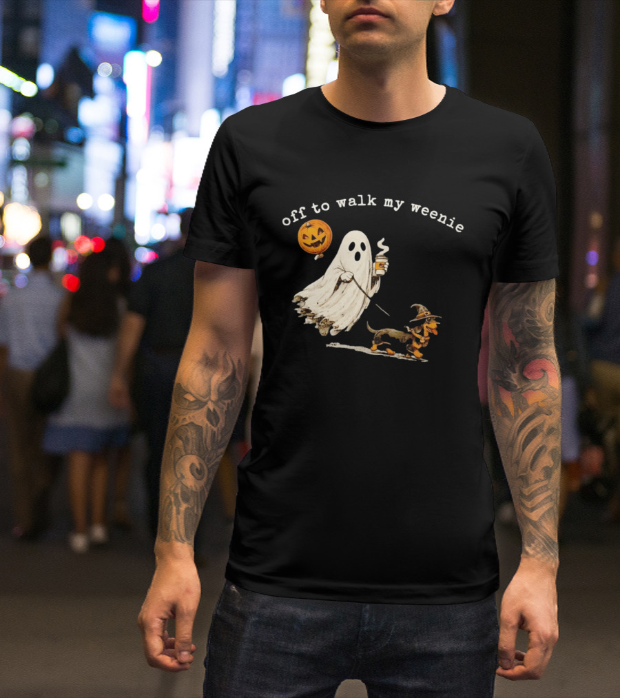 Ghost Walking With Pumpkin Balloon And Dachshund Halloween Fun T-Shirt