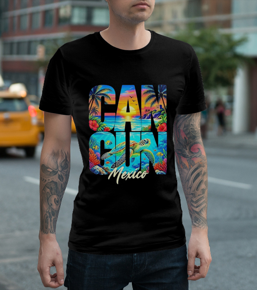 Cancun Mexico Tropical Sea Turtle Sunset Palm Trees Ocean Scene T-Shirt