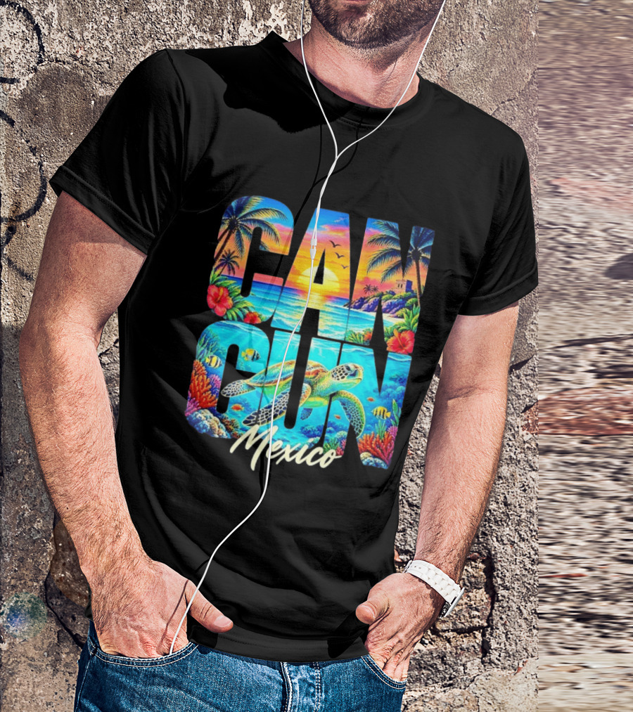 Cancun Mexico Tropical Sea Turtle Sunset Palm Trees Ocean Scene T-Shirt