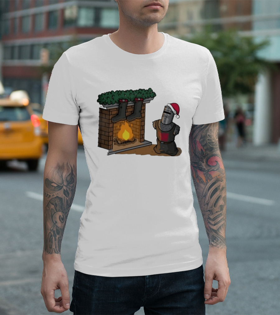 Monty Python Black Knight Christmas Holiday Fireplace Scene T-Shirt