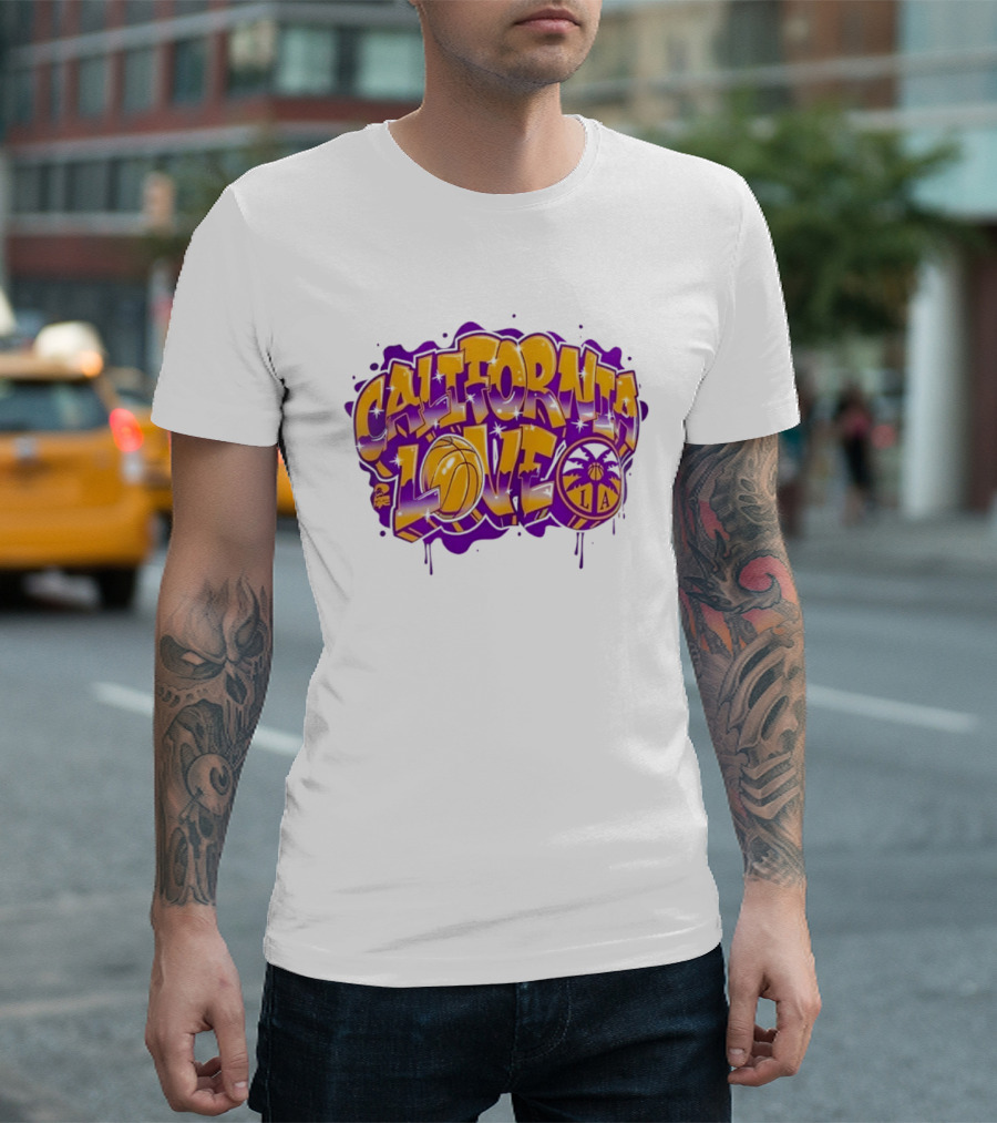 California Love Los Angeles Basketball LA Graffiti Style With Palm Trees And Purple Basketball T-Shirt