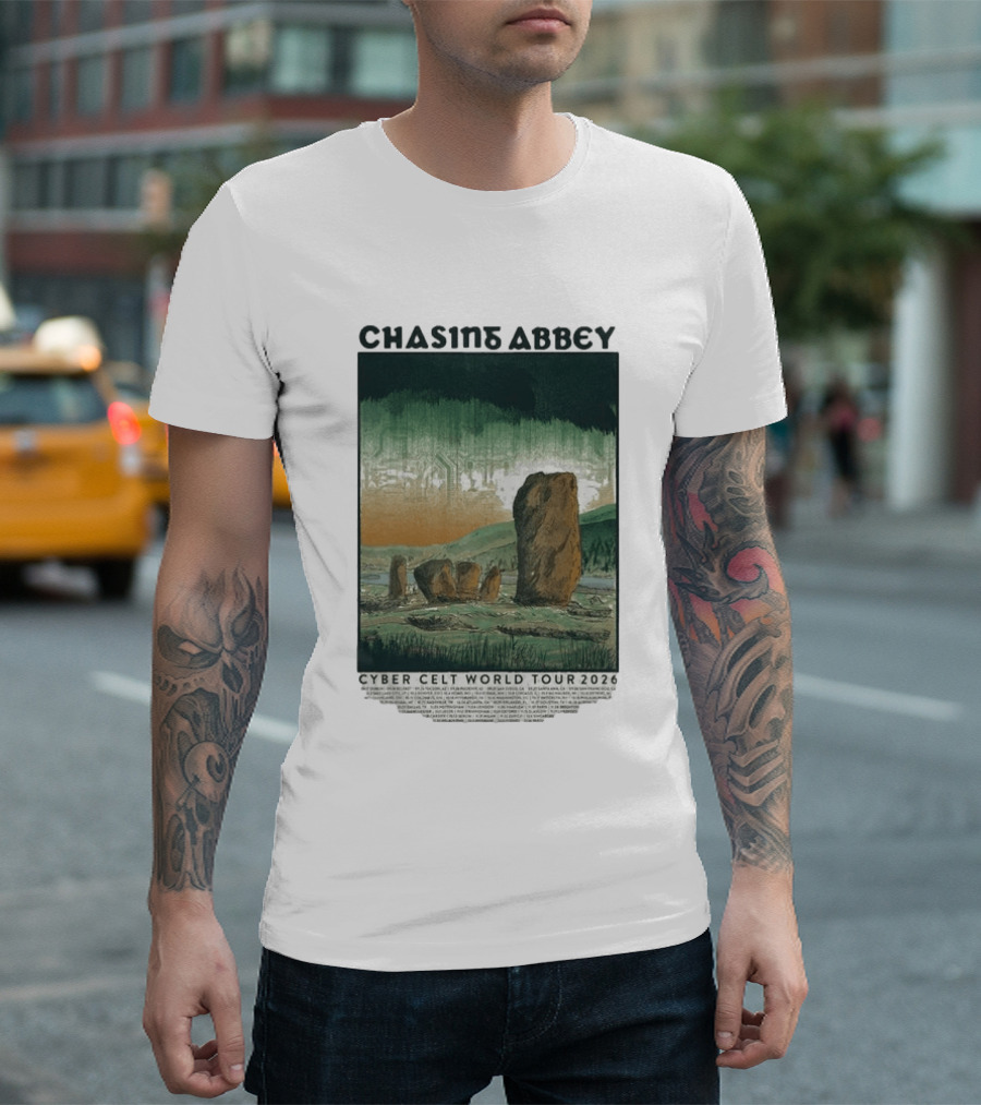 Chasins Abbey Cyber Celt World Tour 2026 Digital Stonehenge Landscape T-Shirt