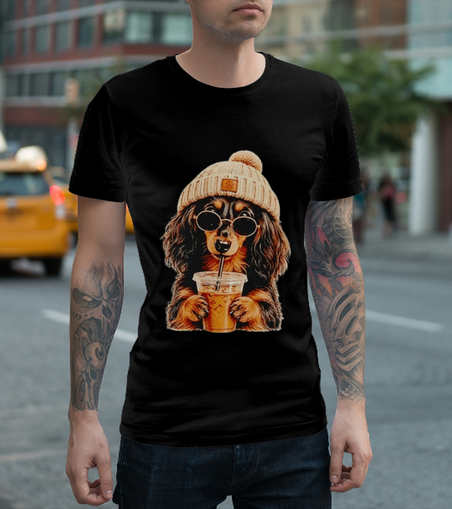 Dachshund Beanie Sunglasses Iced Coffee Trendy Dog Fashion T-Shirt