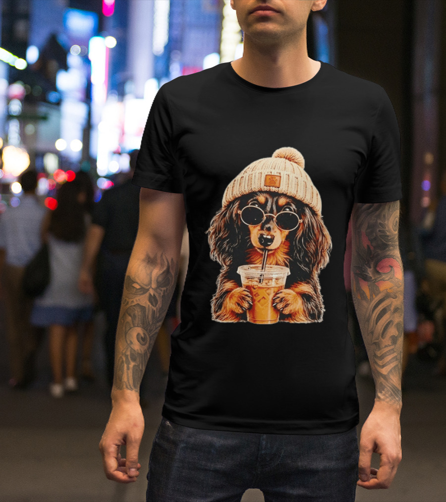Dachshund Beanie Sunglasses Iced Coffee Trendy Dog Fashion T-Shirt