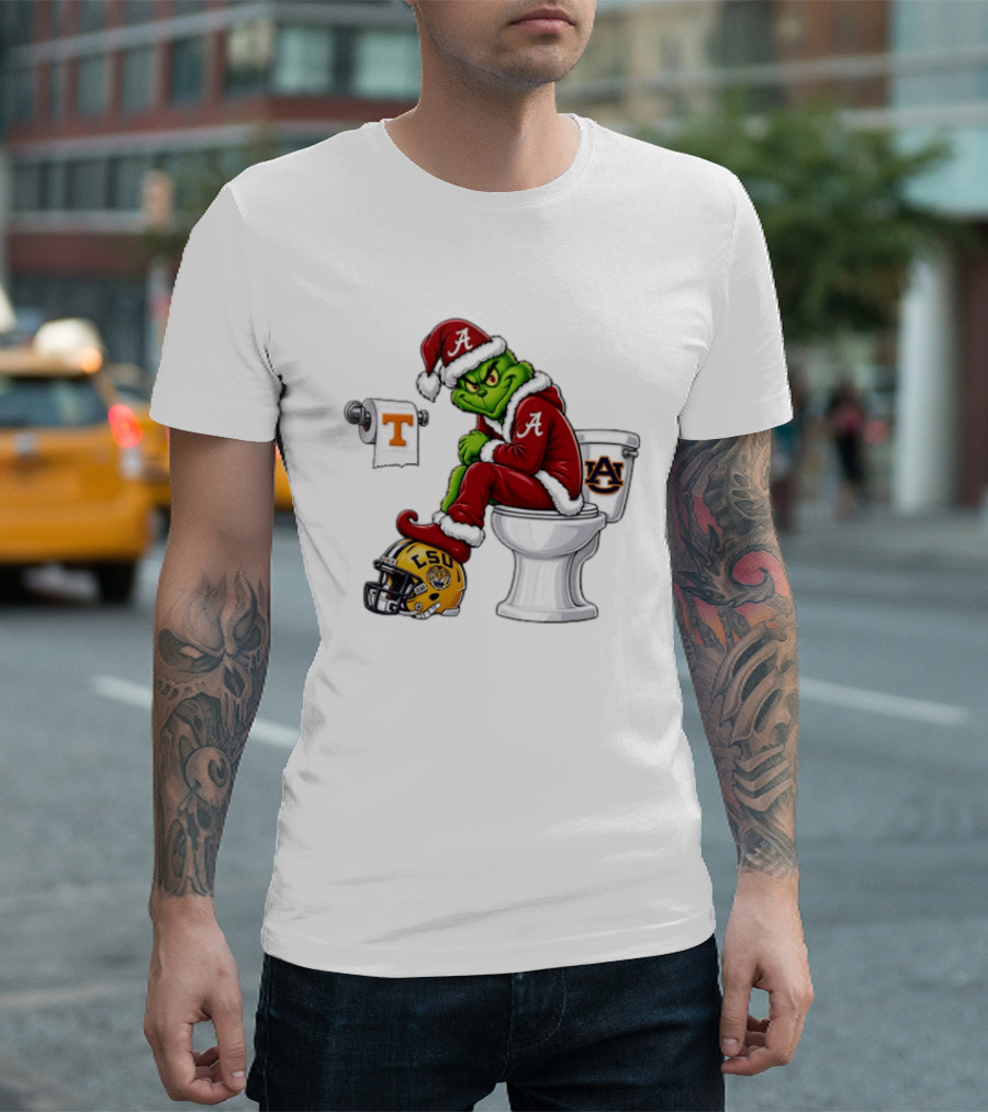 Alabama Crimson Tide Santa Grinch Sitting Auburn Toilet LSU Helmet Christmas T-Shirt