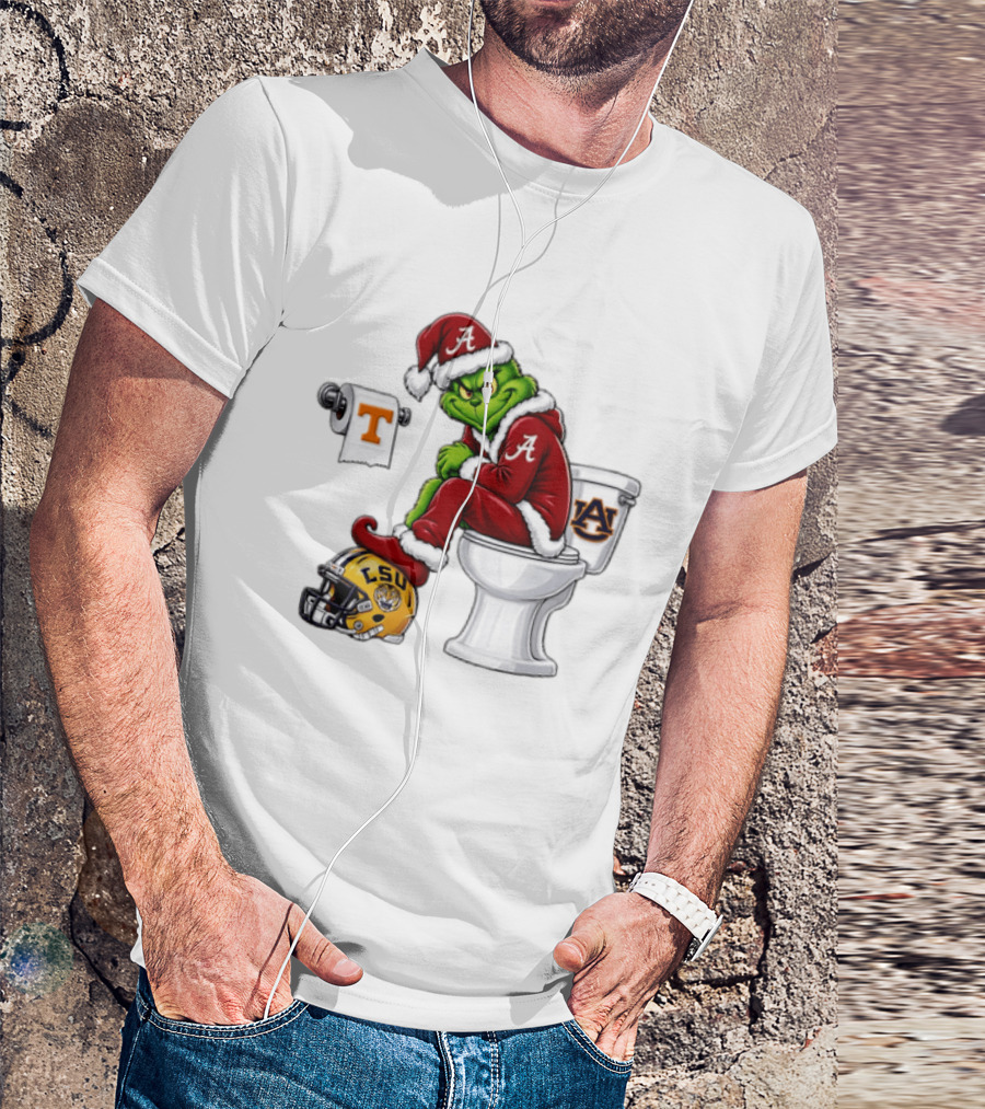 Alabama Crimson Tide Santa Grinch Sitting Auburn Toilet LSU Helmet Christmas T-Shirt