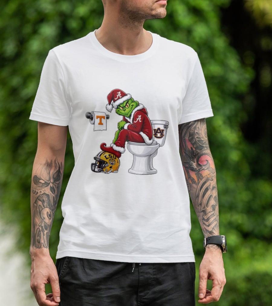 Alabama Crimson Tide Santa Grinch Sitting Auburn Toilet LSU Helmet Christmas T-Shirt