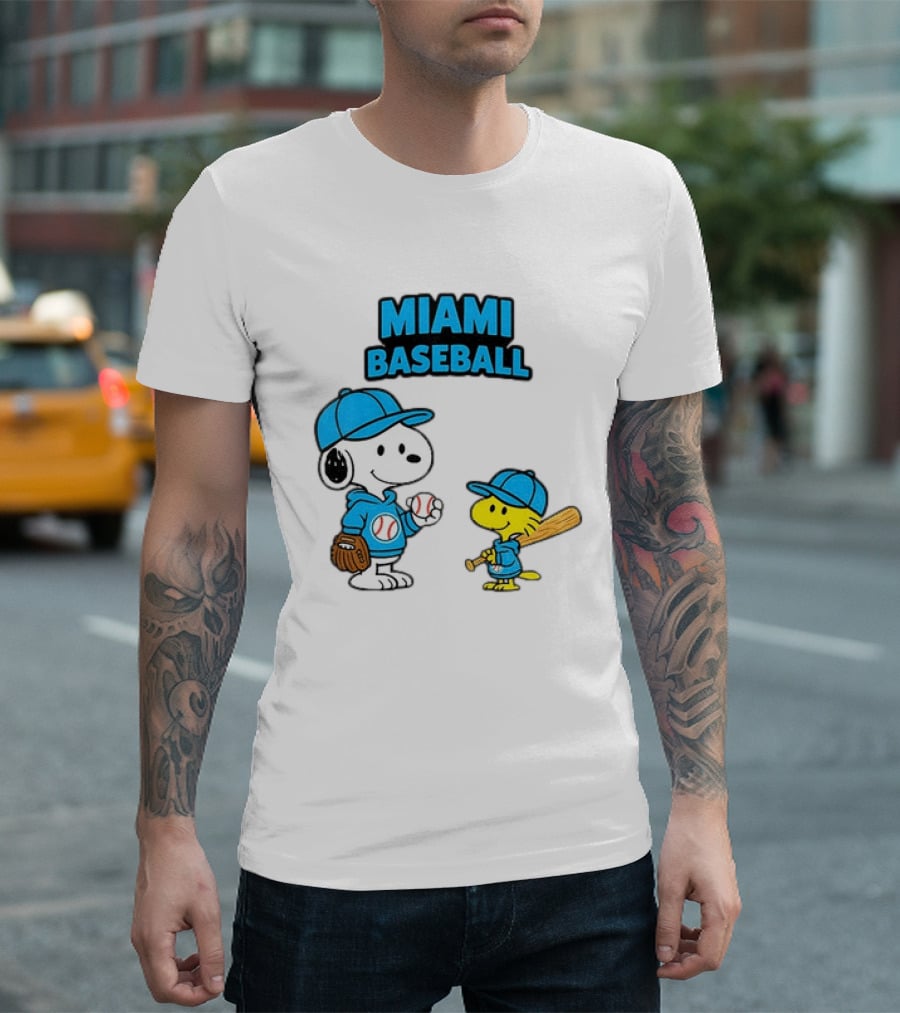 Snoopy Woodstock Miami Baseball Peanuts Cartoon MLB T-Shirt