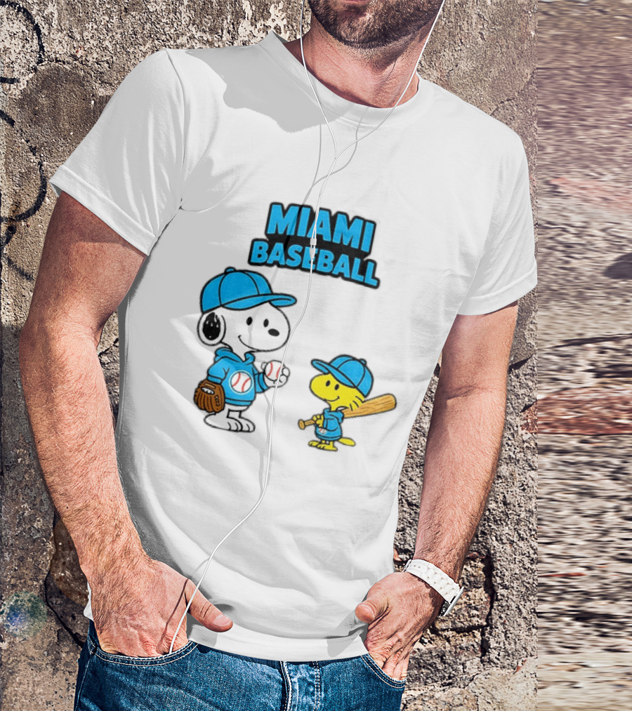 Snoopy Woodstock Miami Baseball Peanuts Cartoon MLB T-Shirt