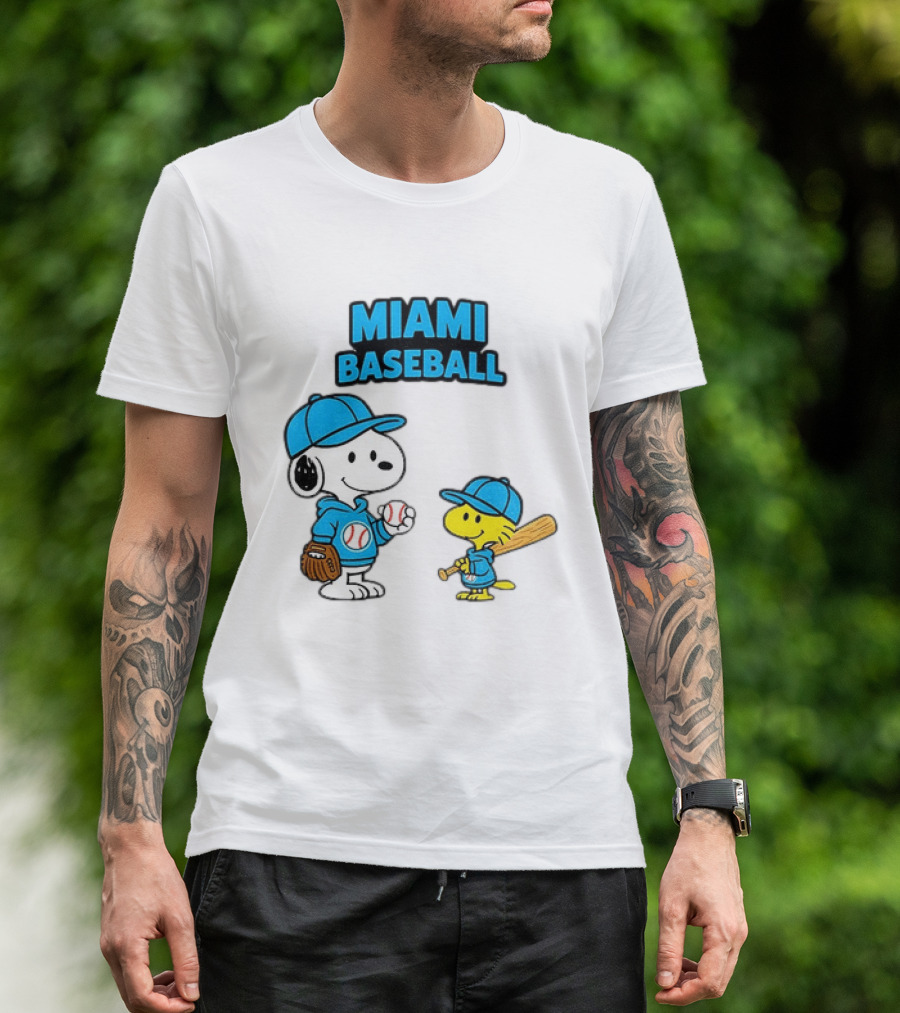 Snoopy Woodstock Miami Baseball Peanuts Cartoon MLB T-Shirt