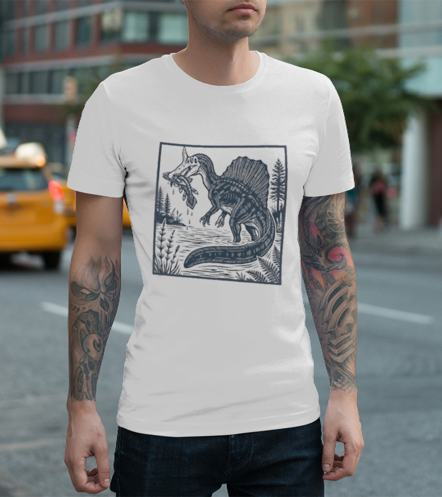Spinosaurus Catching Fish With Forest T-Shirt