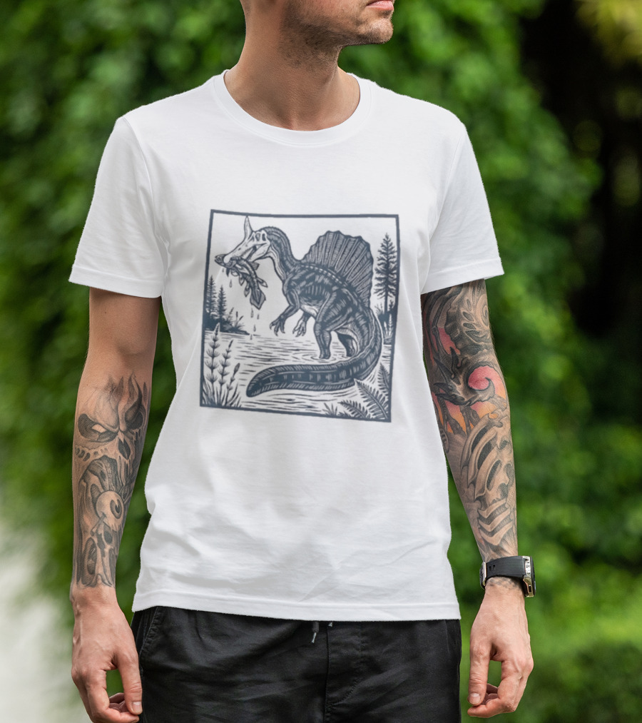 Spinosaurus Catching Fish With Forest T-Shirt