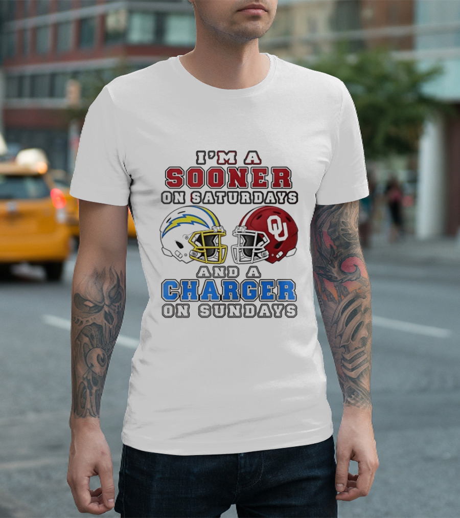 I'm A Sooner On Saturdays And A Charger On Sundays Football Helmets T-Shirt