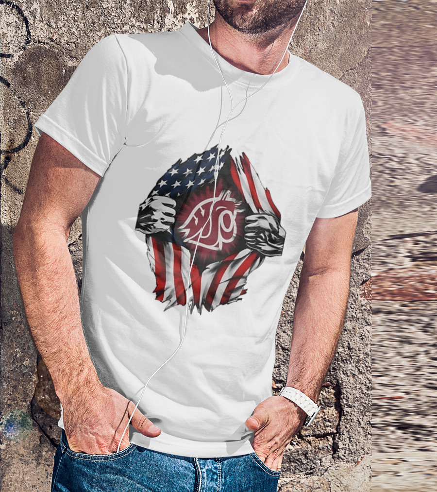 Washington State University Cougars American Flag Ripped Chest T-Shirt