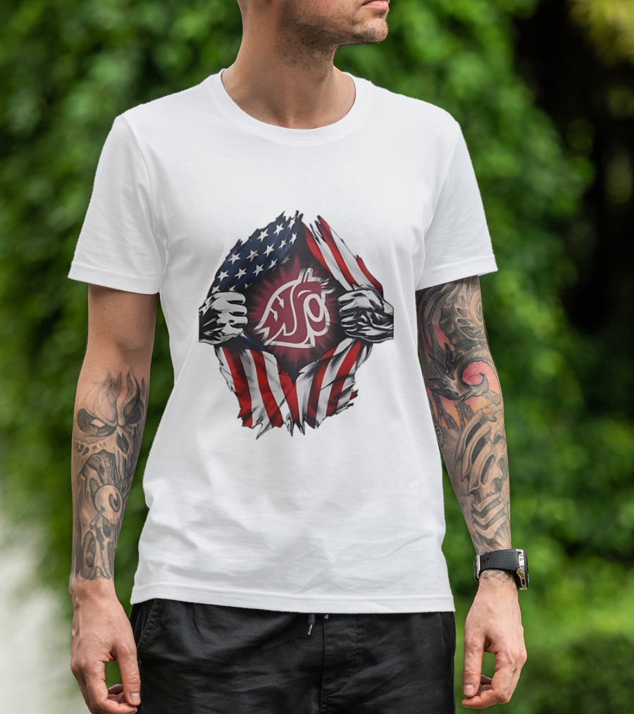 Washington State University Cougars American Flag Ripped Chest T-Shirt